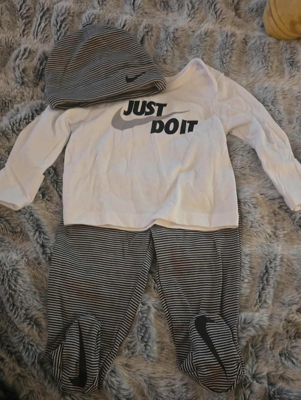 Nike White 'Just Do It' One-Piece with Gray Striped Hat & Pants